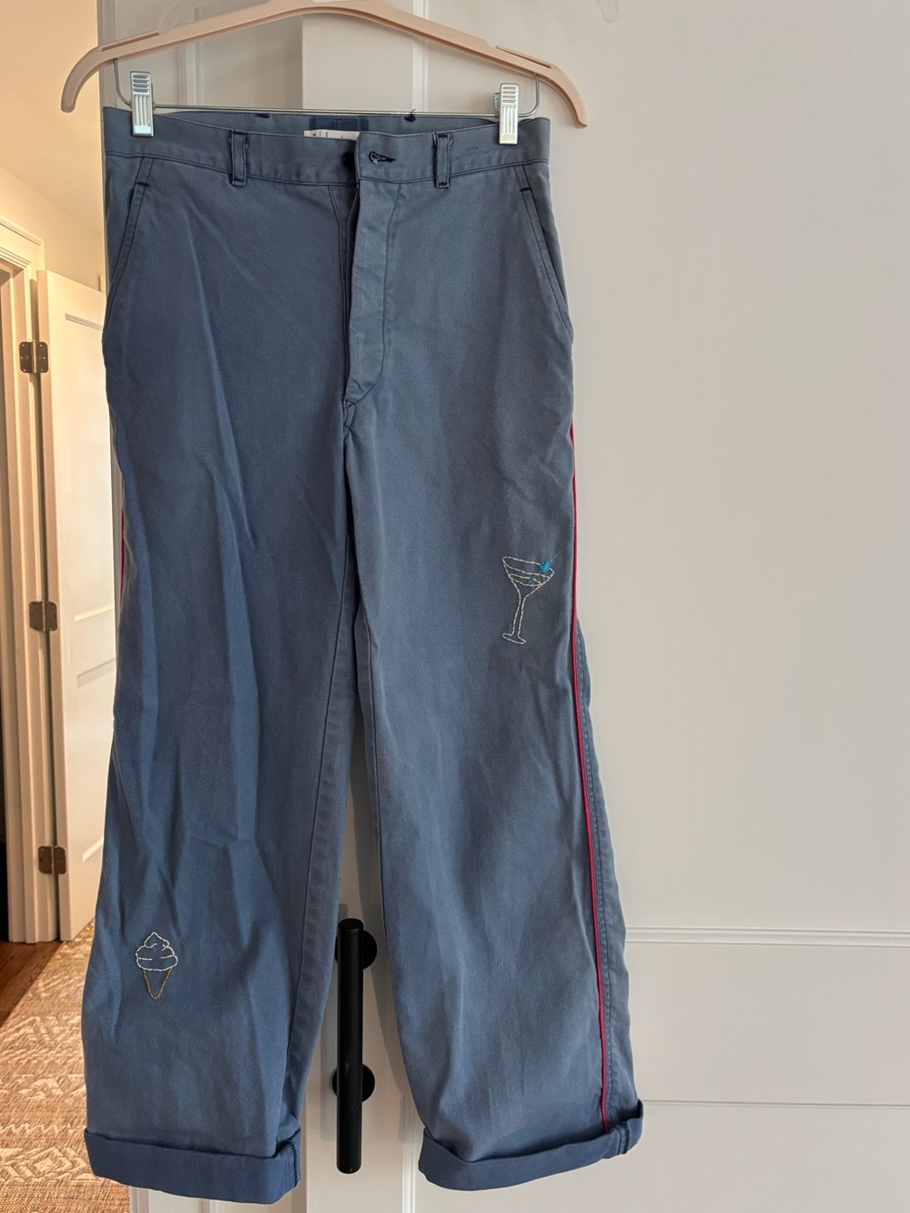 Vintage blue french workwear pants with Embroidered detail